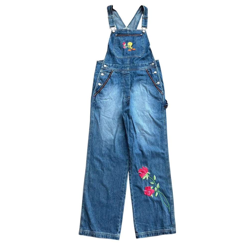 Vintage Warner Bros Tweety Bird‎ Embroidered Denim Overalls XS Wide Leg 90s WB